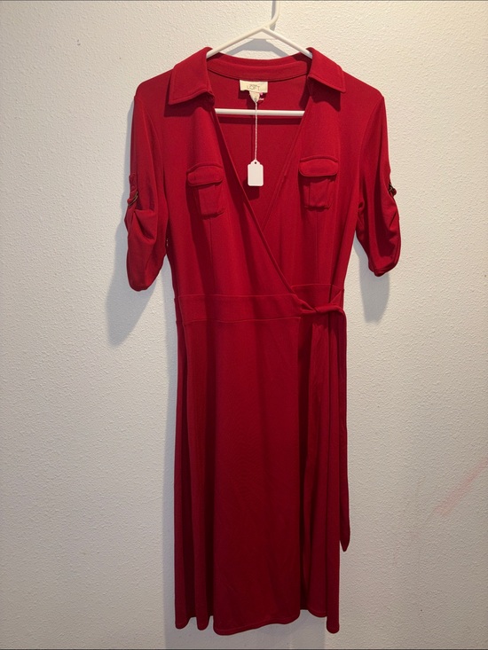 LOFT Dresses & Skirts - LOFT Red Midi Wrap Shirt Dress with Utility Pockets